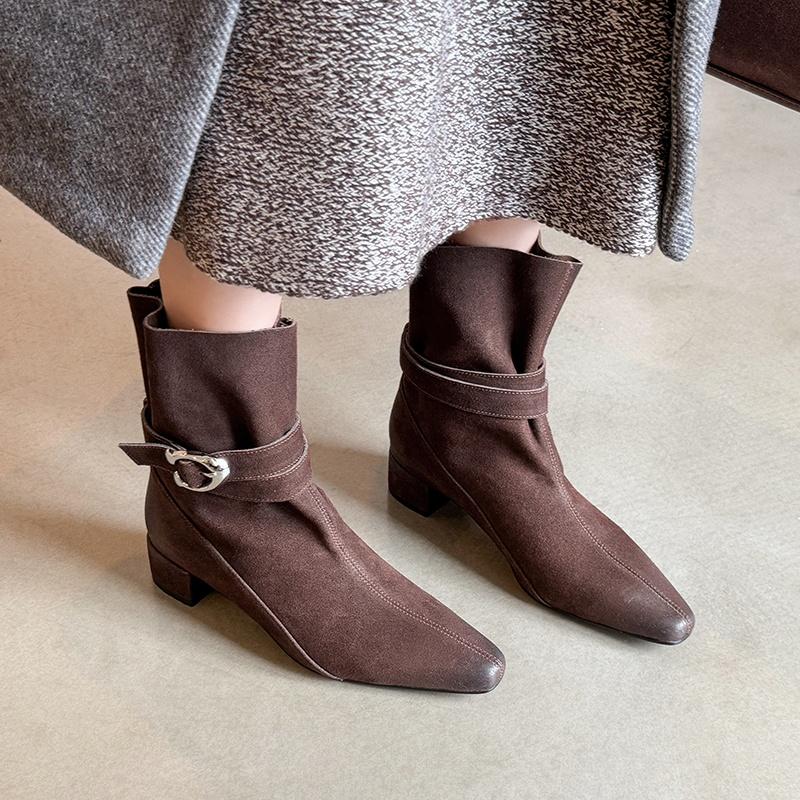 Fashion 2025 New Women Shoes Ankle Boots Genuine Leather Retro Square Toe Western High Boots Warm Autumn Winter Knight Boots High Shoes