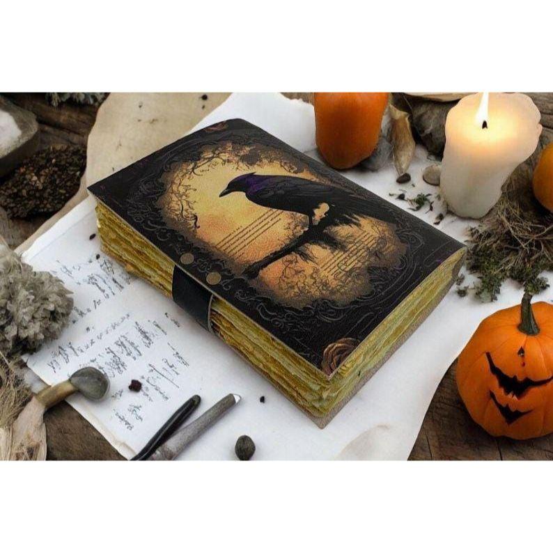 Leather Journal Gothic Notebook The Raven Grimoire Print - Vintage Handamde Journal Book of Shadows Witchcrafts Journal Gifts for Men