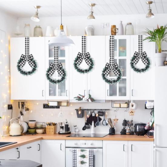 Mini Christmas Cabinet Wreaths 5.1 Inch Small Kitchen Xmas Decor with Red Ribbon Bow Plastic Rattan Fabric Window Door Office Holiday Decoration