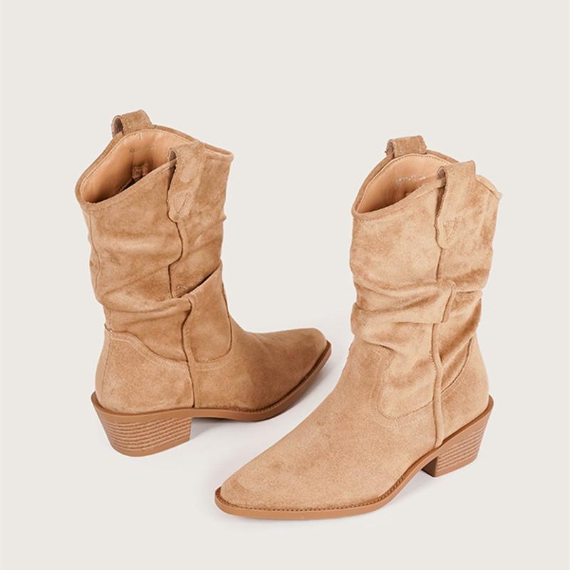 Autumn Winter Faux Suede Pleated Women Mid-calf Boots Comfortable Thick High Heels Retro Western Knight Short Booties