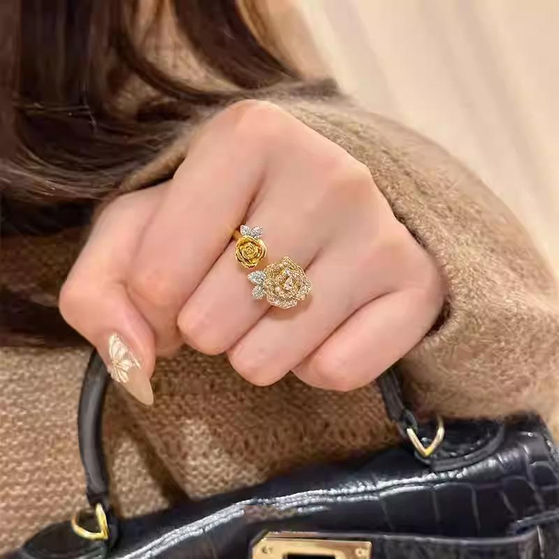 Real Gold Electroplated Medieval Zircon Flower Opening Ring Women's Niche Retro Light Luxury Index Finger Ring Versatile Jewelry