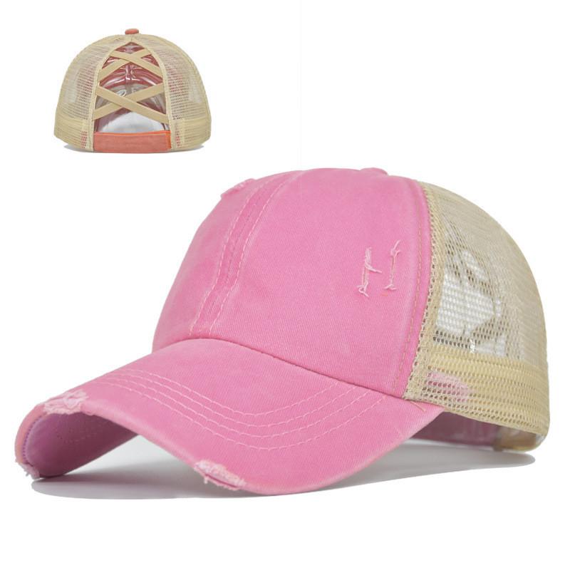 Baseball Cap Womens Cotton Mesh With Crossed Ponytail Openings For Summer Casual Wear