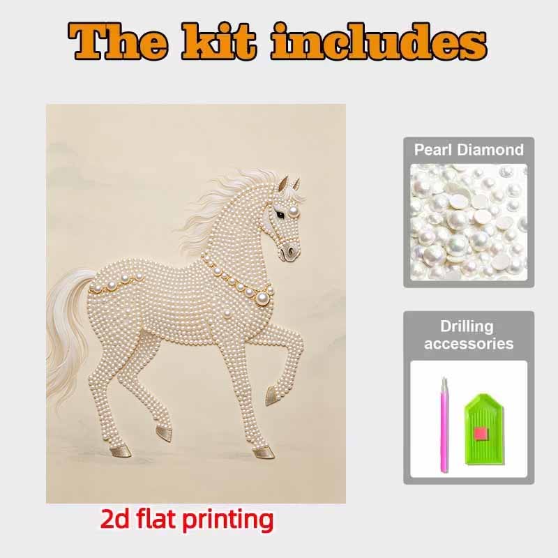 Elegant White Pearl Horse Pearl Painting 5D DIY Pearl Gemstone Art Diamond Painting Kit for Adults/Beginners Gift Ideas Modern Home Decor Wall Art