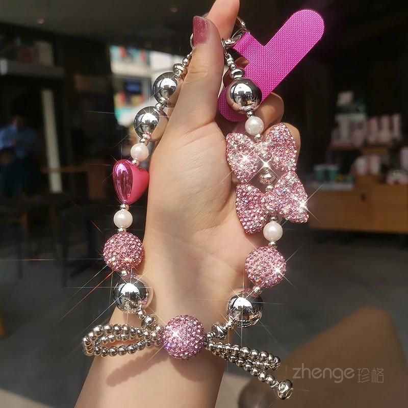 Phone Strap Dense Diamond Bow Beaded Bracelet Hanging Rope Flash Diamond Handheld Wrist Ornament Clip Style Phone Case