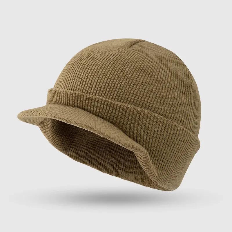 

2026 Winter Knitted Hats Unisex Short-brimmed Fashion Hip Hop Style Peaked Caps Knitting Solid Color Thicken Warm Beanies Caps хакі