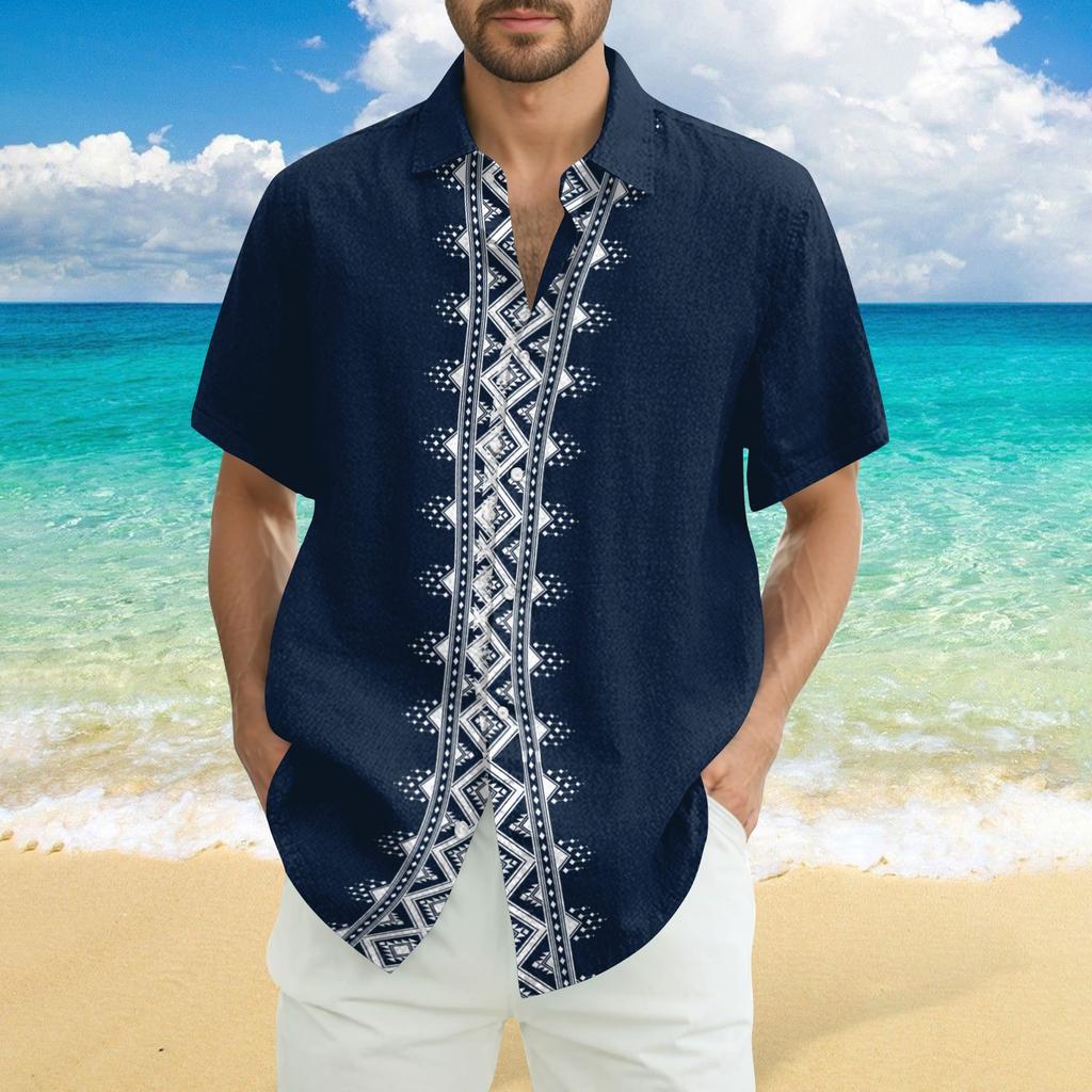 Men's Fashionable Casual Loose Striped Printed Beach Short-sleeved Shirt