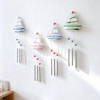 Mediterranean Style Wind Chime - Wooden Sailboat Decor, Hanging Ship Model Nautical Themed Air Ornament for Home Garden