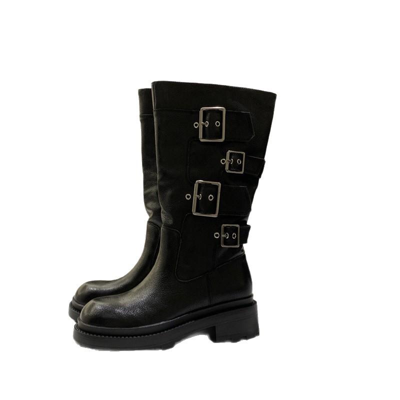 Retro round head versatile thick-soled knight boots femininity Maillard belt buckle heightened thick heel big tube circumference boots