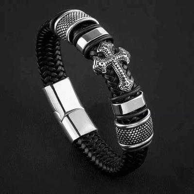 European and American Black Warrior Men's Leather Bracelet Trendy Punk Heavy Metal Cross Braided High-End Fashion Personalized Bracelet