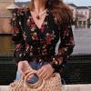 2026 Spring-Autumn Elegant Floral V-Neck Puff Sleeve Short Top for Women