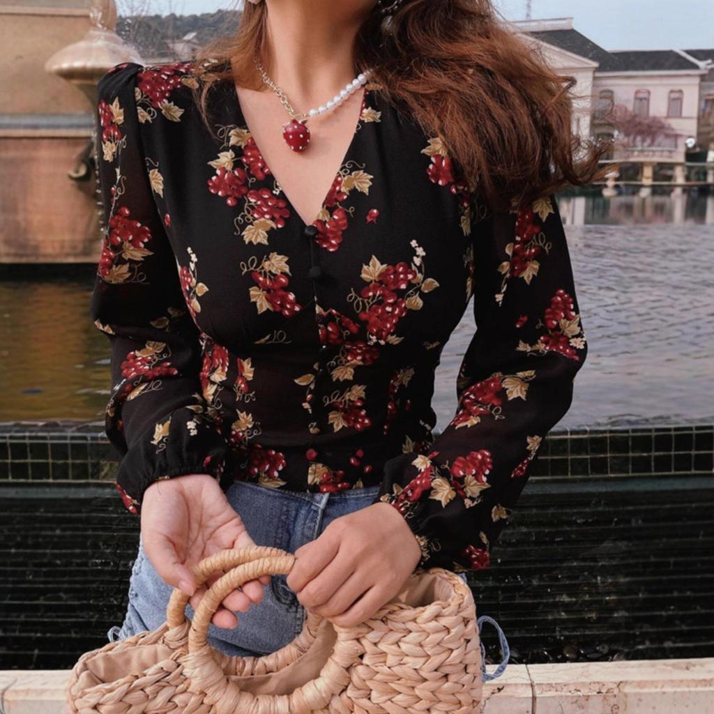 2026 Spring-Autumn Elegant Floral V-Neck Puff Sleeve Short Top for Women