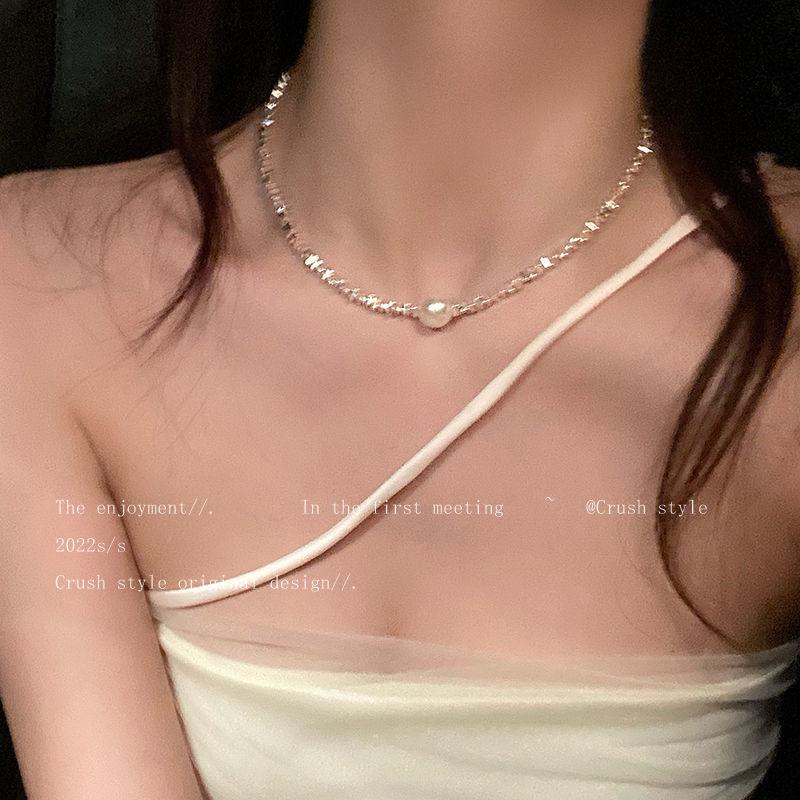 Elegant Sølvperle Liten Diamant Choker Halskjede - High-End Temperament Design
