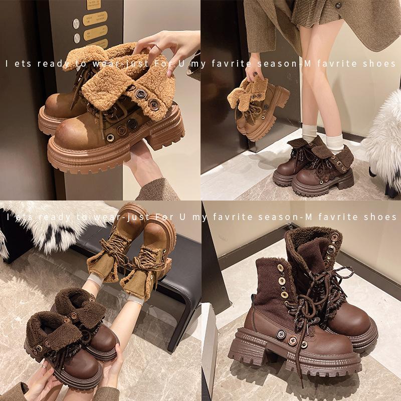 Popular fashion retro British style lapel Martin boots women's 2025 autumn and winter new two-wear button-tie velvet boots