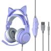 Cat Ear Headphones with Noise Reduction Detachable Ear Gaming Headset Microphone, Ears, All-Wrap Cups, Over-Ear (Purple)