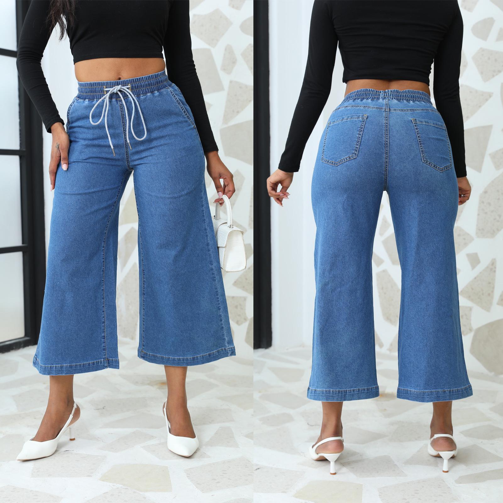 

2025 Lace-Up Stretch Denim Wide-Leg Cropped Jeans for Women Large синій