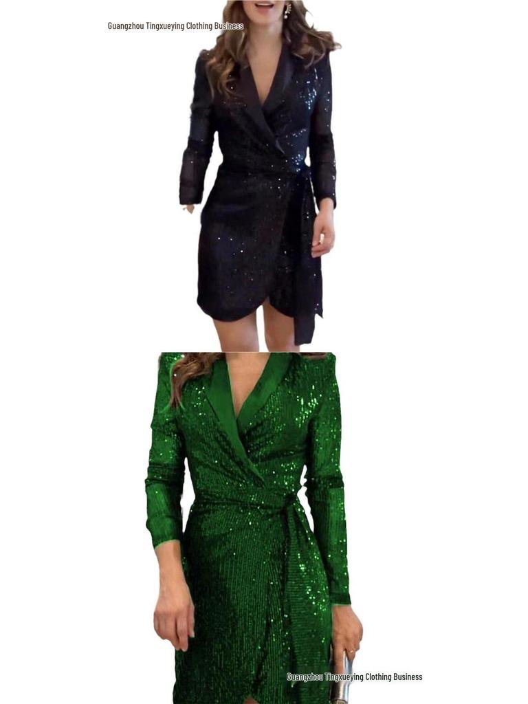 European & American Ladies' Fashionable Sequin Tie-Up Dress with Waist Cinch and Lapel 