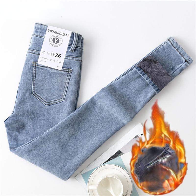 Winter Dicke Warme Damen Slim Fit Stretch Casual Denim Bleistift Hose Weiblichen Samt WomenHigh Taille Dünne Jeans Einfache Fleece