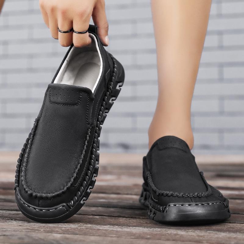 Men's Spring/Autumn Fashionable Slip-On Leather Shoes, Hand-Stitched, Large Size Casual Low-Top.