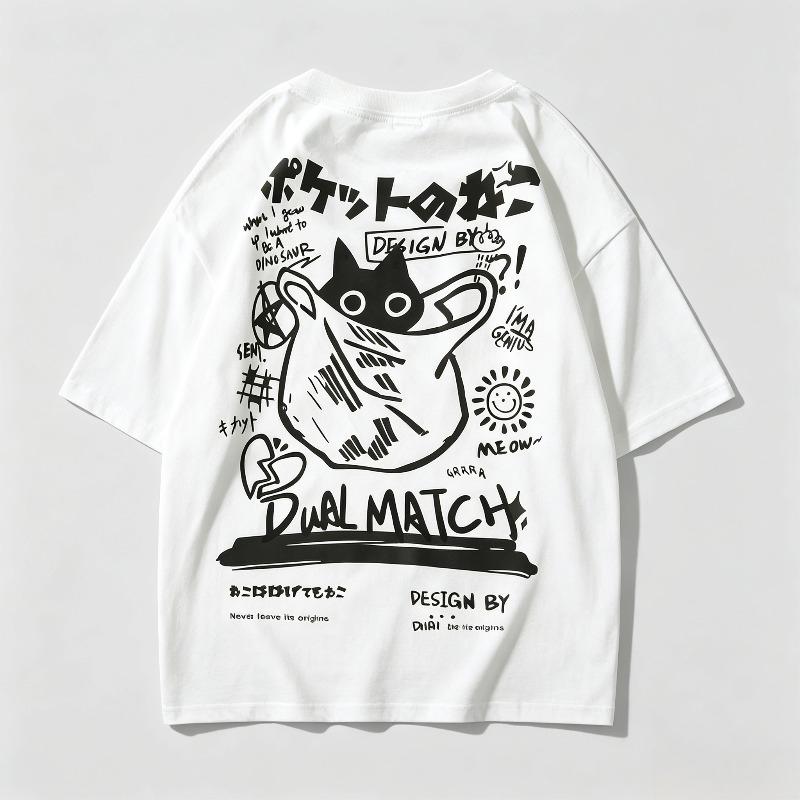Casual Short Sleeve Tshirt Unisex 100 Pure Cotton Japanese Text Black Cat Dual Match Graphic Oversized Hip Hop Tee