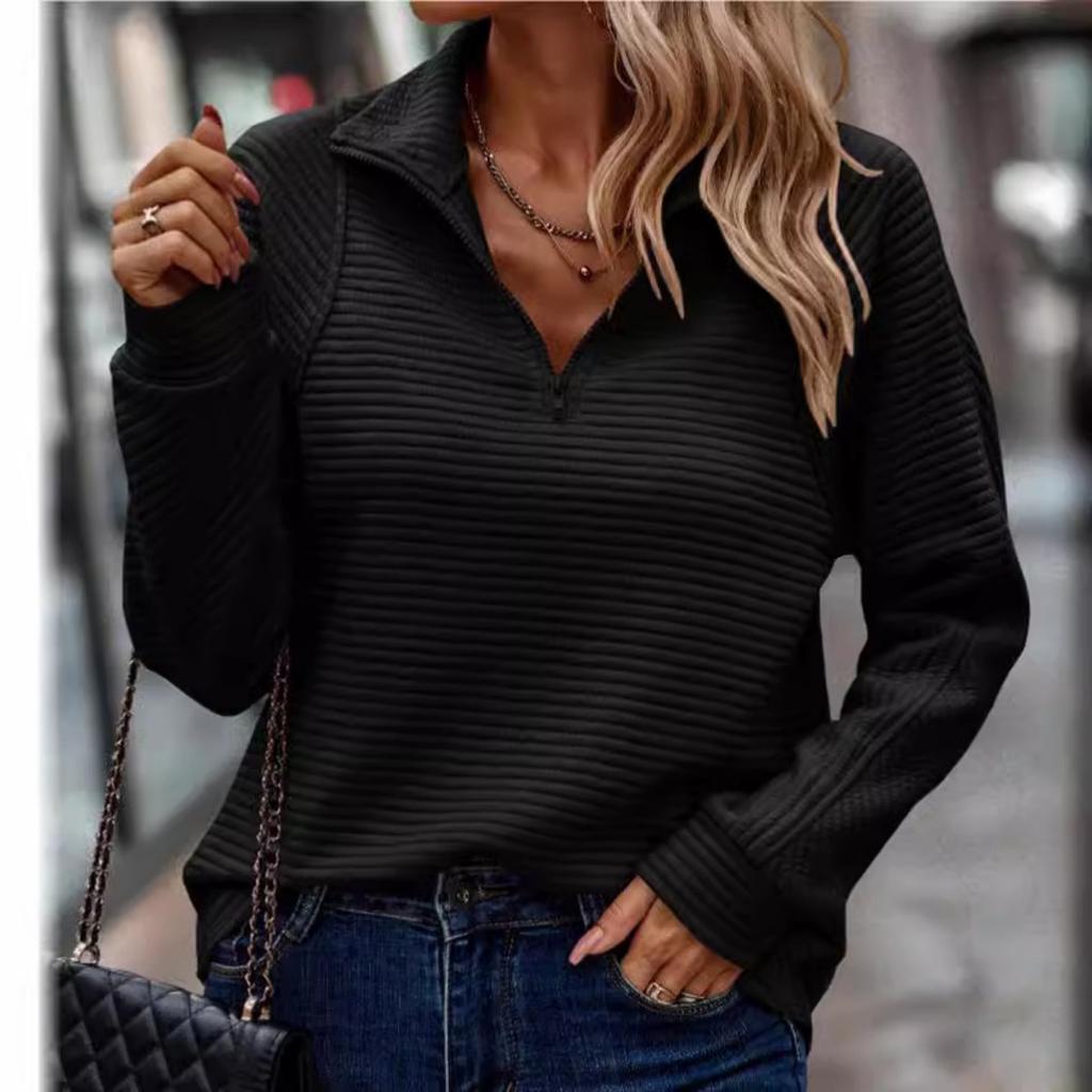 Dames sweatshirt met opstaande kraag, halve rits, lange mouwen, losse pasvorm, casual, ribgebreide pullover