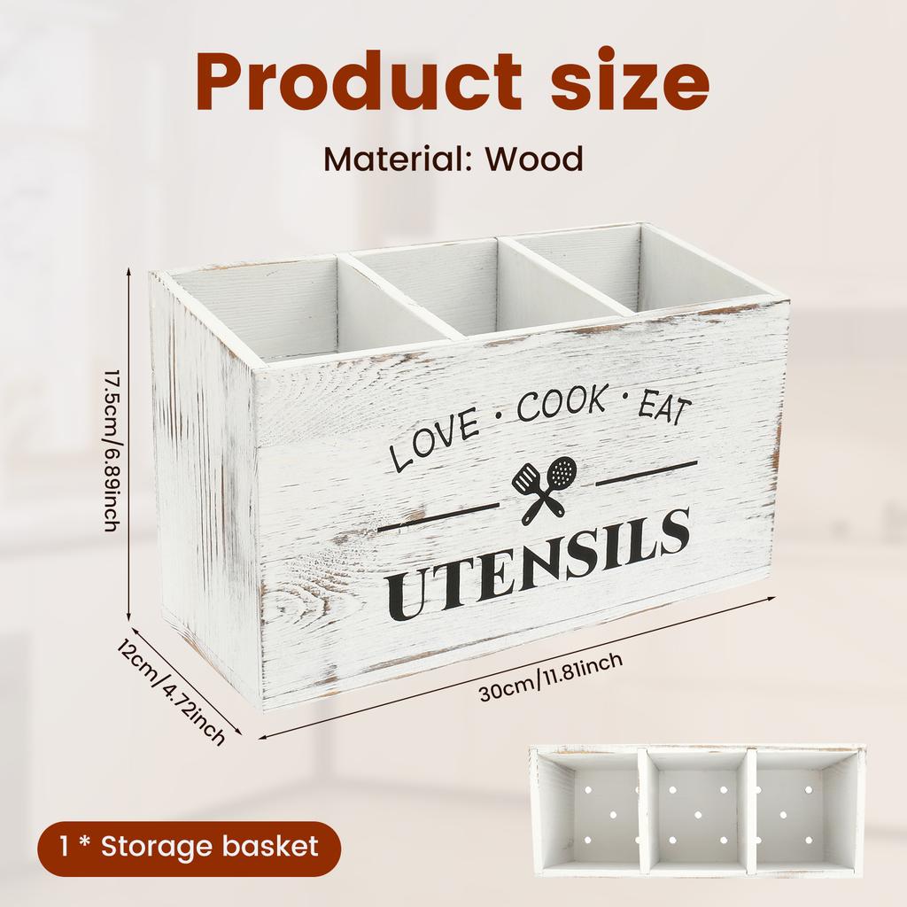 Organizér na kuchyňskou desku a úložný prostor na kuchyňské náčiní Dřevěný držák na kuchyňské náčiní 3 přihrádky Pevný držák na příbory