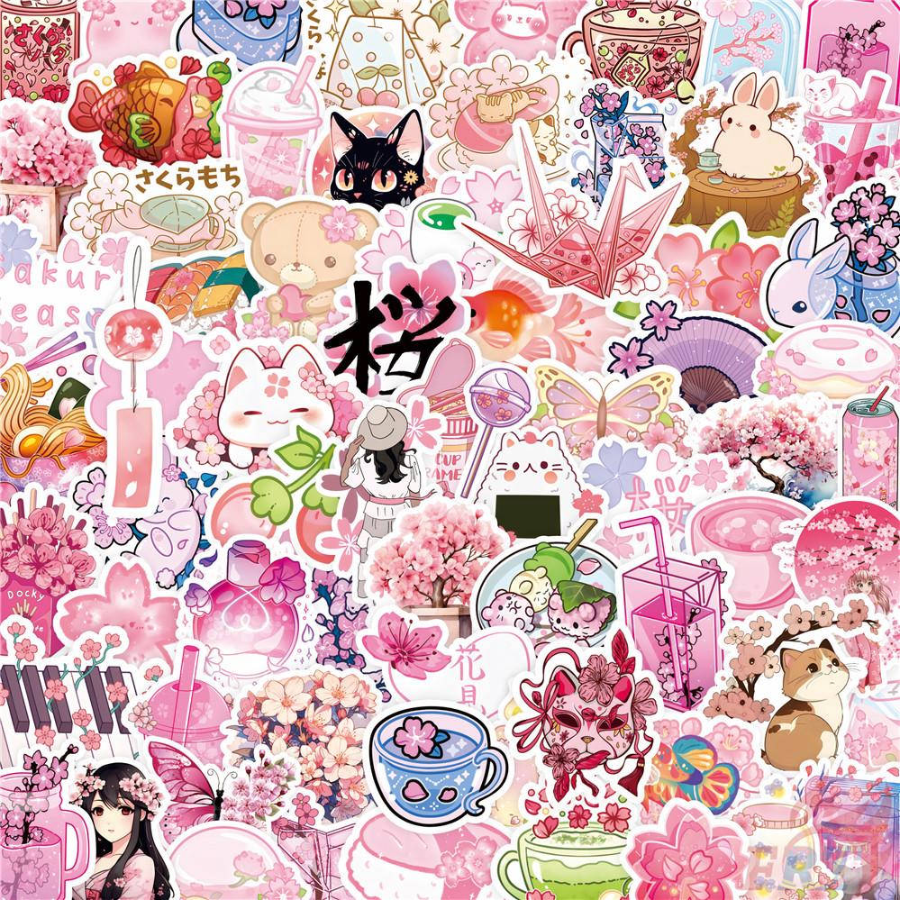 100Pcs/Set Romantic Sakura & Q Pets . Pink Healing Art Stickers DIY Scrapbooks Album Decor Decals Stickers