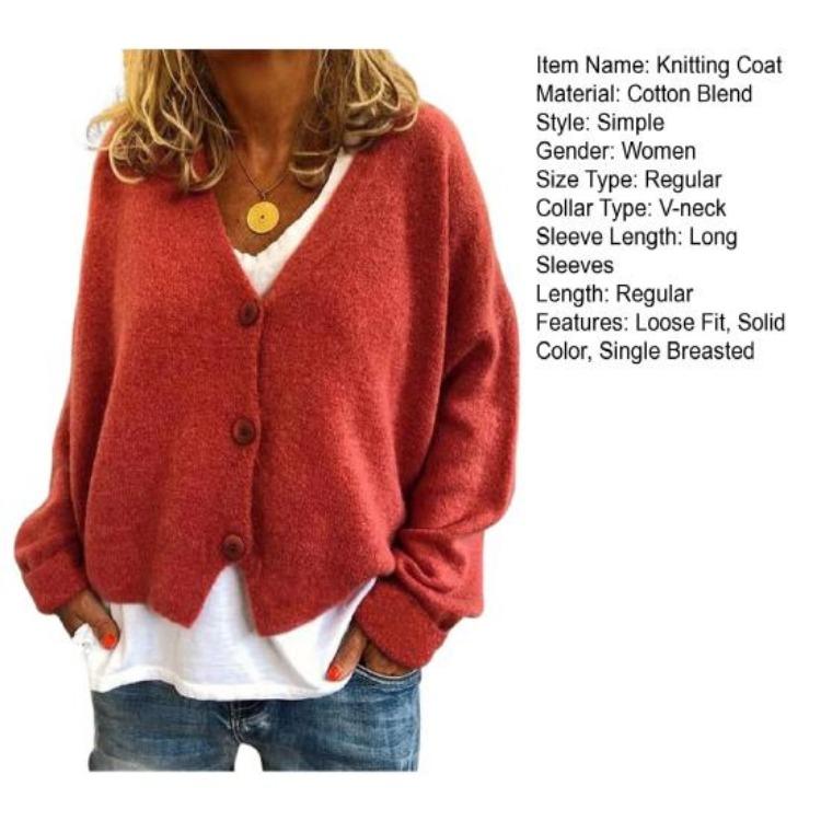 Lockere Passform V-Ausschnitt Pullover Mantel Langarm Strickjacke Einfarbig Gestrickt Damen Pullover
