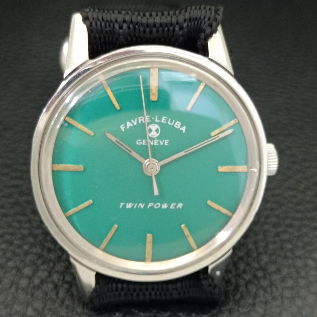 VINTAGE FAVRE LEUBA TWIN POWER 253 HAND-WINDING SWISS MENS GREEN WATCH A702048-5 R208-a702048