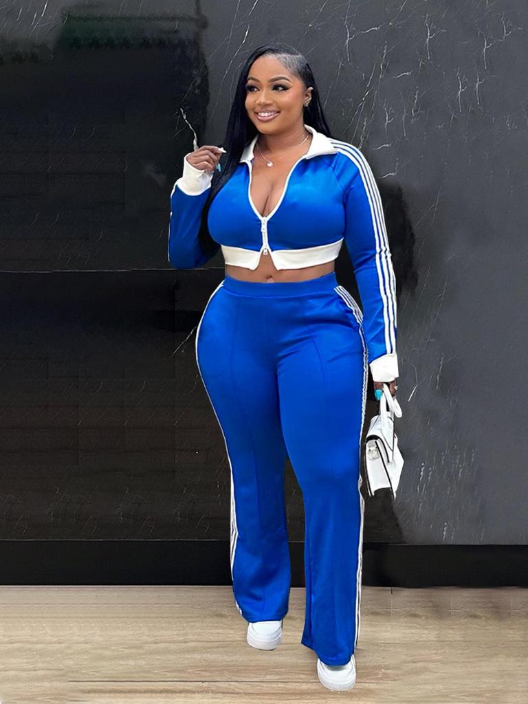 TW768 Women's Casual Color Block Zipper Crop Top & Slim Fit Pants Set