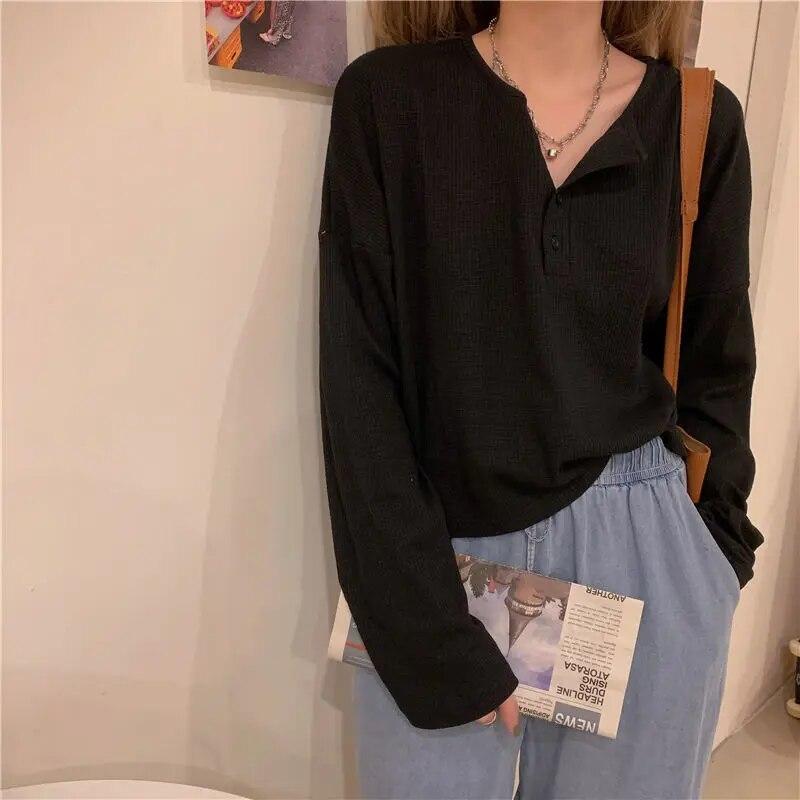 VAYLA Long Sleeve T-shirts Women Elegant Simple Pure Button Design Retro Ins Ladies Tees Top All-match BF Style Clothes