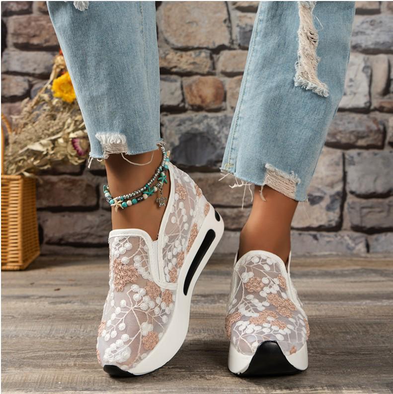 2024 Spring Women's Lace Mesh Slip-On High Heel Platform Shoes
