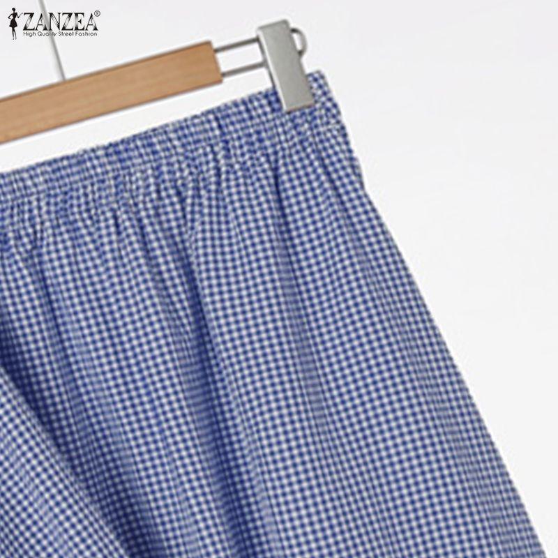ZANZEA Women 3/4 Sleeve Blouse and Long Skirts Plaid Print Two Piece Suit Sets