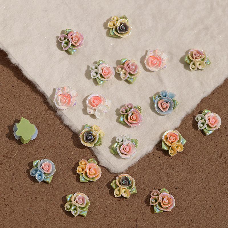 10 Pcs 3D Carved Rose Resin Colorful Rose Nail Charms Flower Accessories Material Nail Art Decorations Diy Manicure Salon Supply