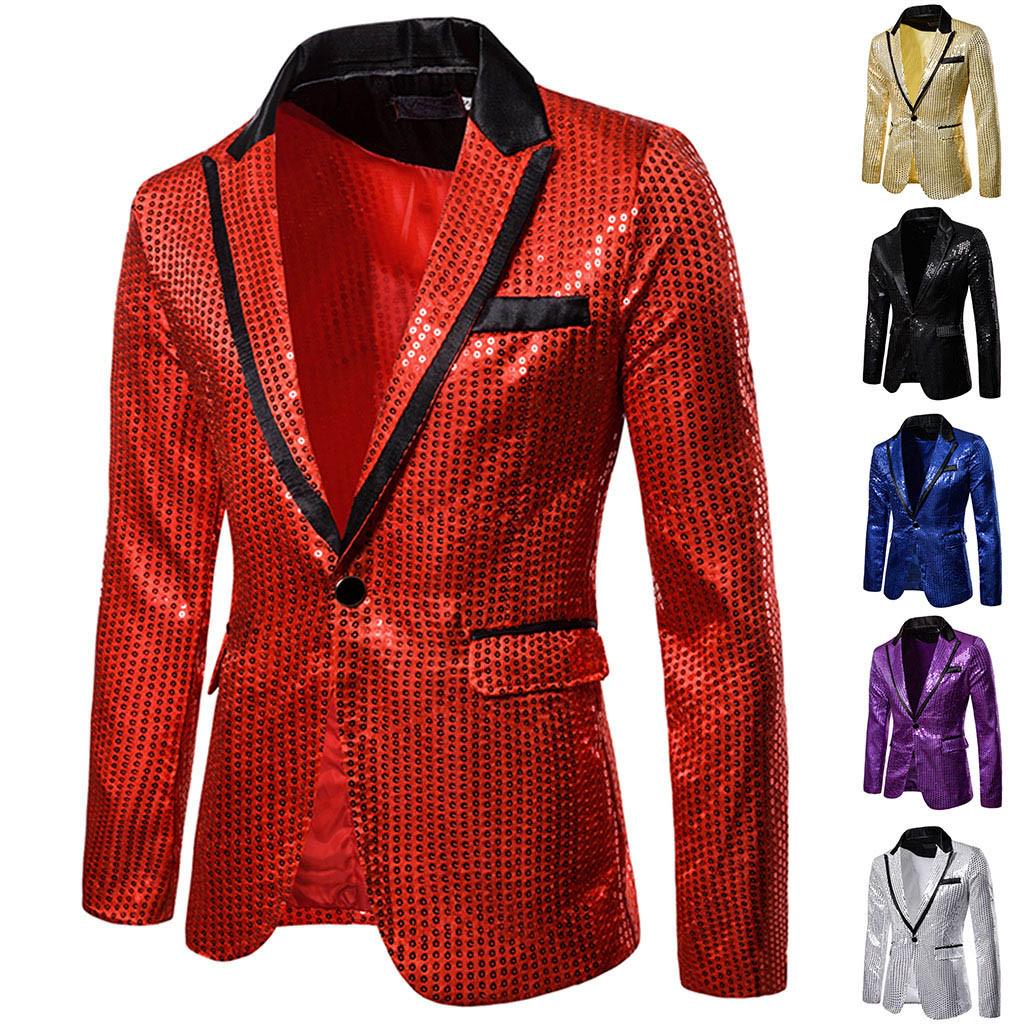 Charm Men's Casual One Button  Fit Suit  Coat Jacket Sequin Party Top