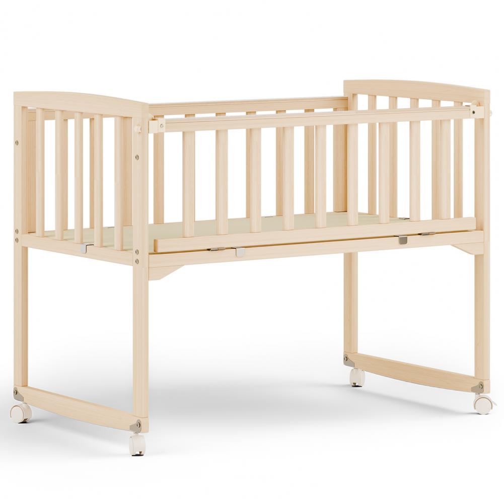 Portable Wooden Bedside Bassinet Newborn Baby Crib with Adjustable Side And Wheels Pine Co-Sleeping Crib for Parents