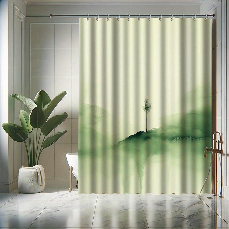 A Small Tree Shower Curtain Set, Green Ink Style, Full of Vitality, 12 Hooks, Polyester, Bathtub Partition, Modern Bath Decor