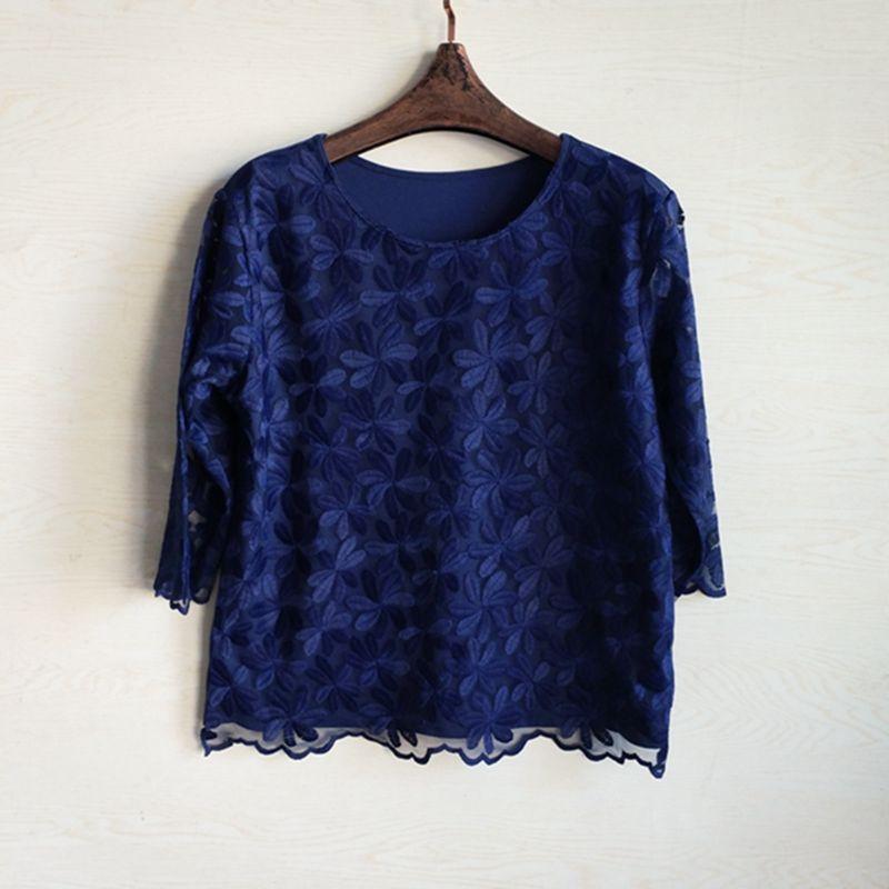 

Export Japanese Style Tail Goods Exquisite Lace Embroider Double-Layer Lining Cotton and Silk 3/4 Sleeve T-shirt Tops Women s Clothing Cyan M