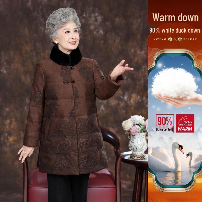 Elderly Women's Thickened Winter Down Jacket with Real Fur Collar
