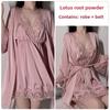 Sexy Camicia da Notte con Scollo a V Profondo e Maniche Lunghe, Allacciatura, Raso, Pizzo, Set Pigiama/Loungewear con Gonnellino Sospensorio in Pizzo