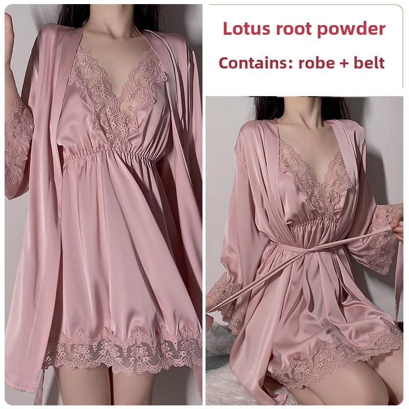 Sexy Camicia da Notte con Scollo a V Profondo e Maniche Lunghe, Allacciatura, Raso, Pizzo, Set Pigiama/Loungewear con Gonnellino Sospensorio in Pizzo