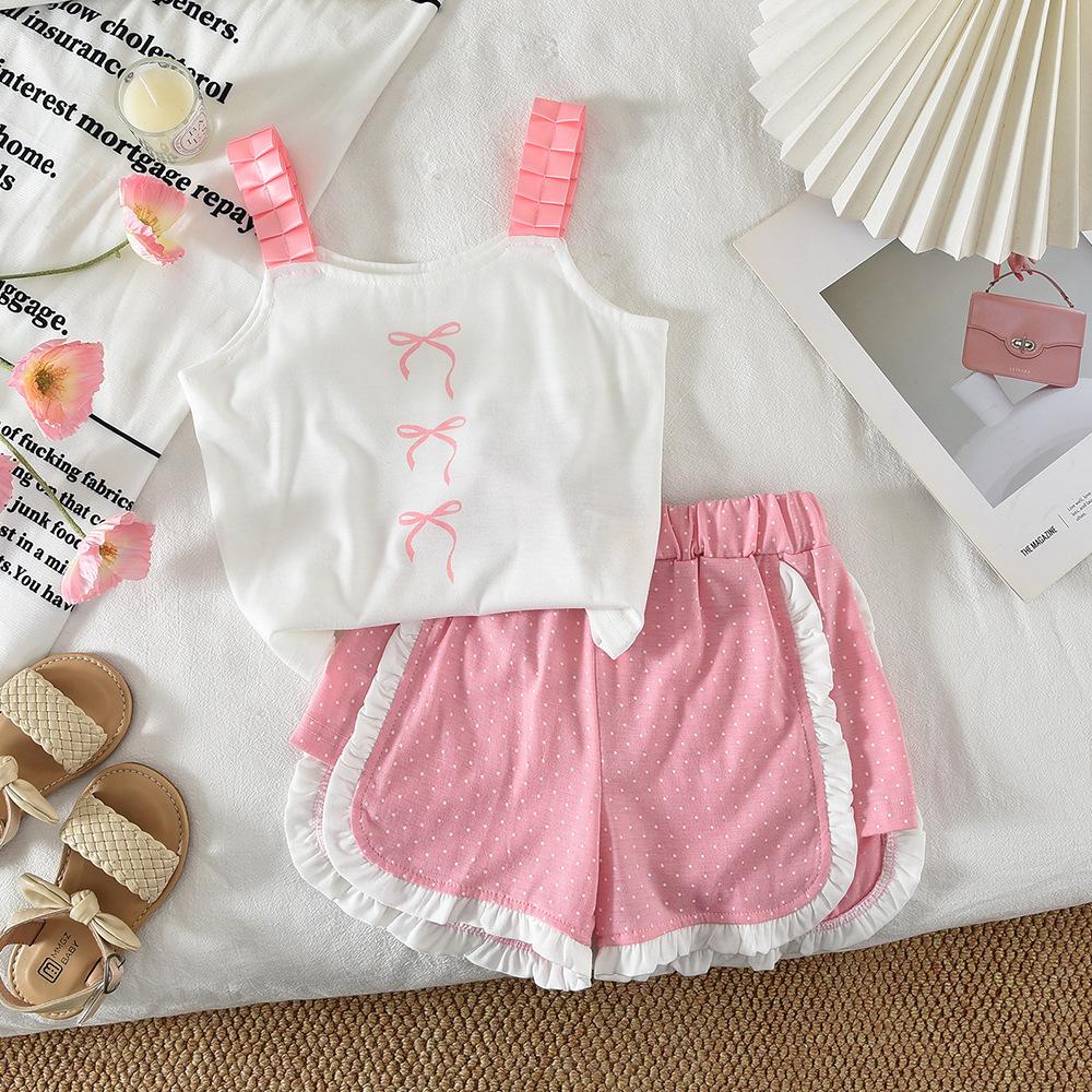 Girls Summer Pink Bow Print Camisole And Polka Dot Shorts Two Piece Set 100cm розовый