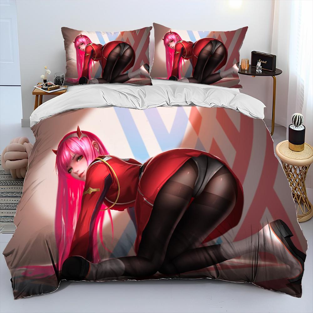 Zero Two DARLING In The FRANXX Anime-Bettwäscheset, Bettbezug, Bettbezug, Kissenbezug, Queen-Size-Bettwäscheset für Kinder