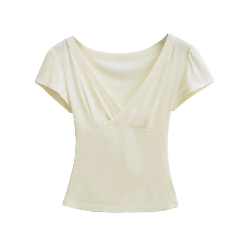 Summer New Spice Girl Style Solid Color Dark V-neck Slim-fitting Cross-elastic Short Slim Short-sleeved Bottoming Shirt T-shirt