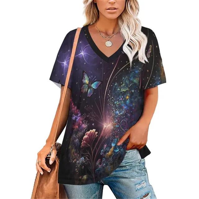 Sexy Katze Blumenmuster V-Ausschnitt Vintage T-Shirt Teenager T-Shirts Unisex Kleidung Vintage Streetwear Alltagsstil Mode Streetwear Y2k Tops