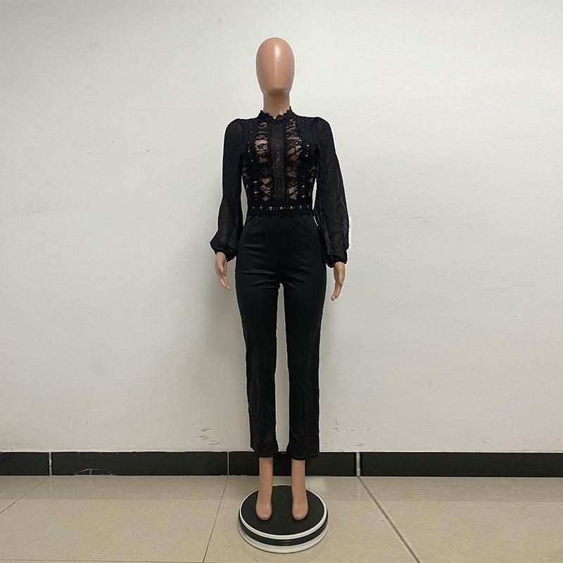Women's High Collar Lace Lace Fashion Solid Color Chiffon Long Sleeve High Waist Jumpsuit