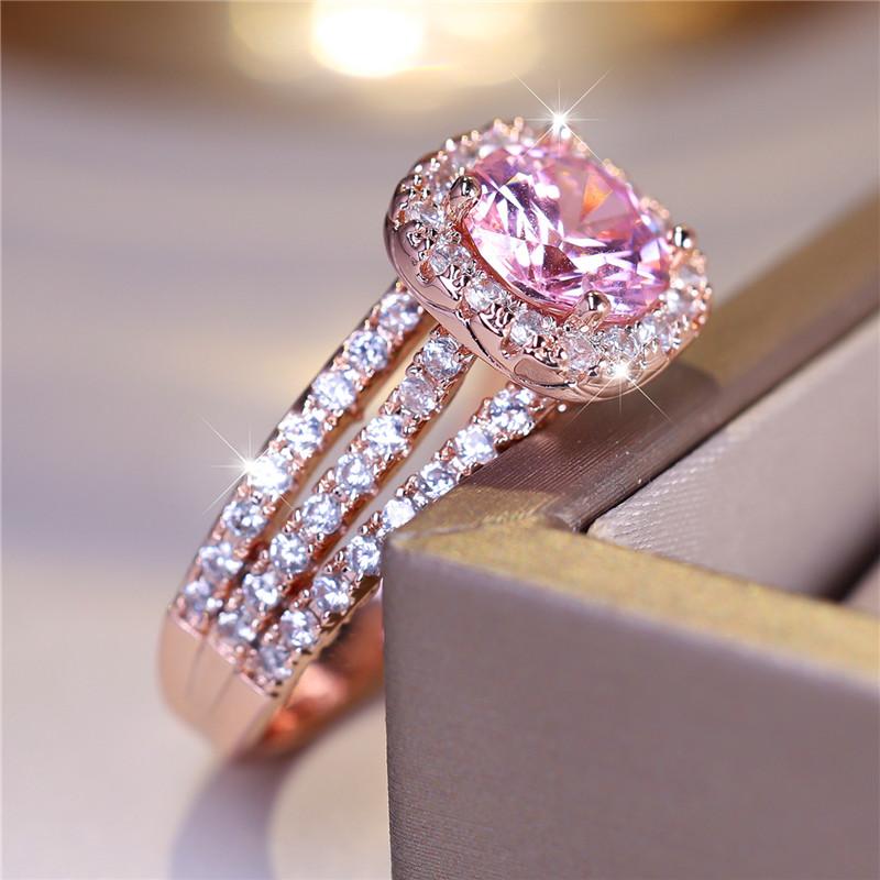 Luxury Female Small Pink Round Zircon Stone Engagement Ring Trendy Rose Gold Color Bride Wedding  Gift For Women
