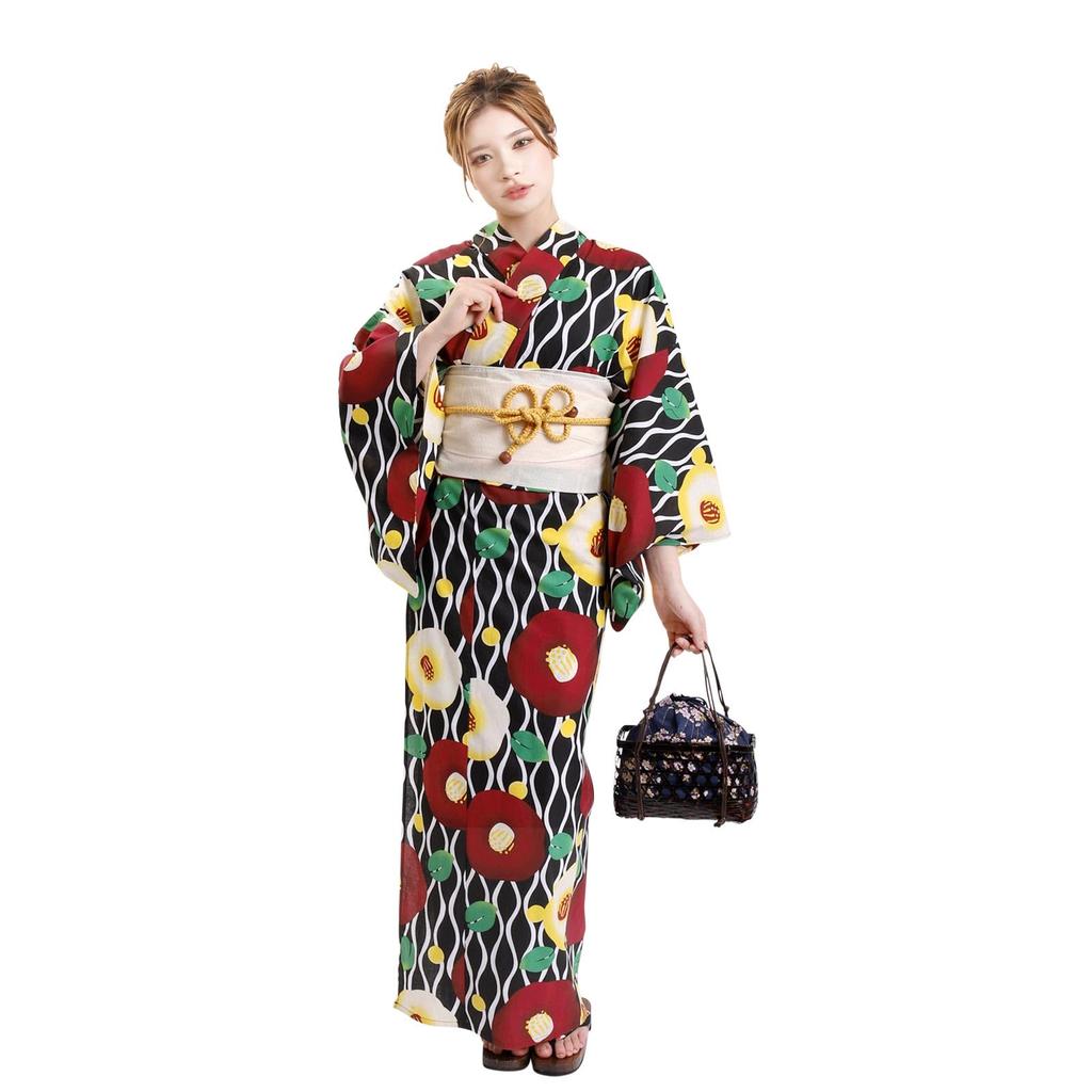 Yukata Set of One Size Fits Camellia x Heiko Obi in [Fuuka] Women's 2, Adults, Most, (Black) (Made Japan/Off White)