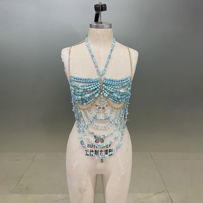 Sleeveless Acrylic Beaded Fringe Tassels Top Summer Casual Party Outfit Music Festival Body Chain Camisole for Women