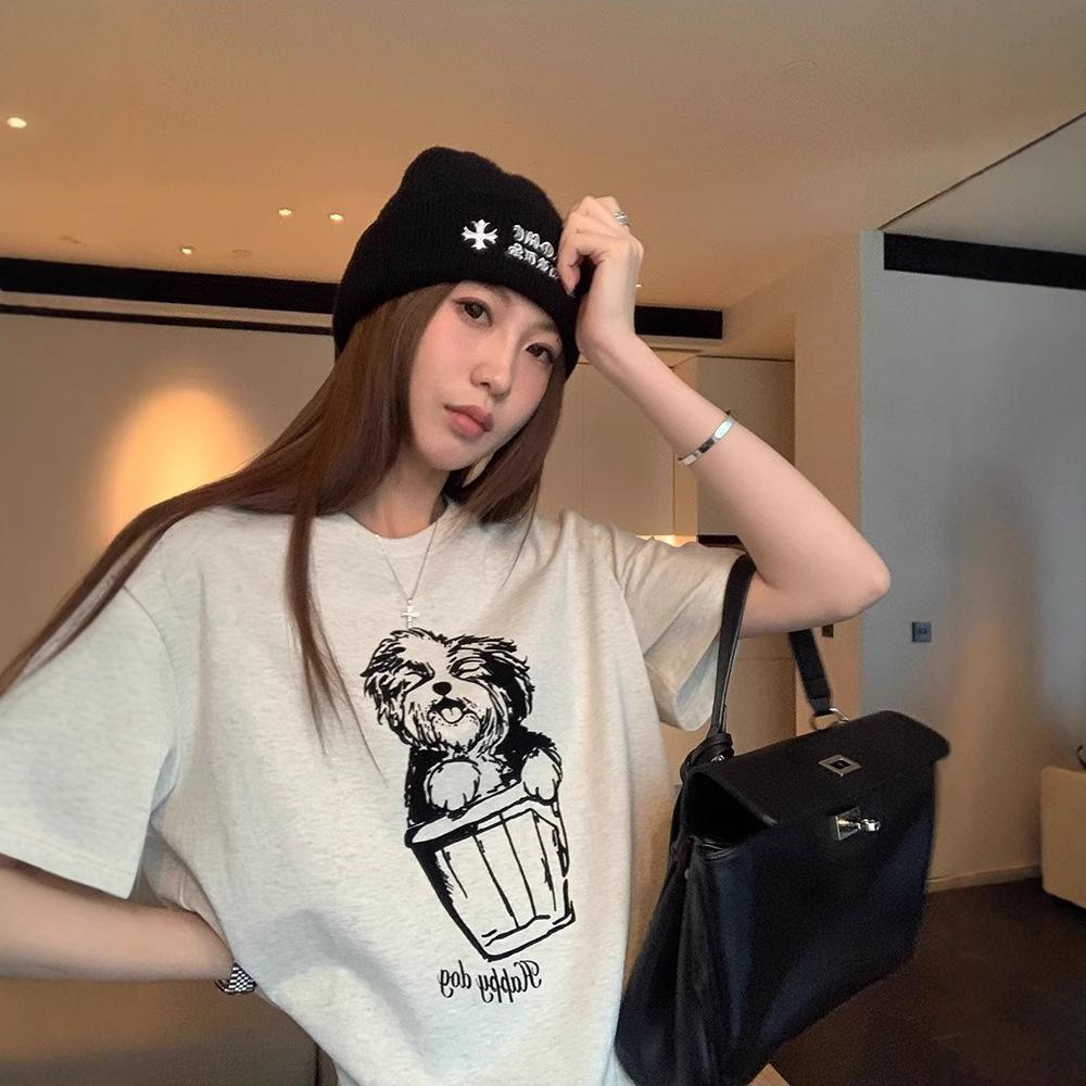 Loose shoulder cotton short-sleeved t-shirt women's summer new American printed puppy pattern top