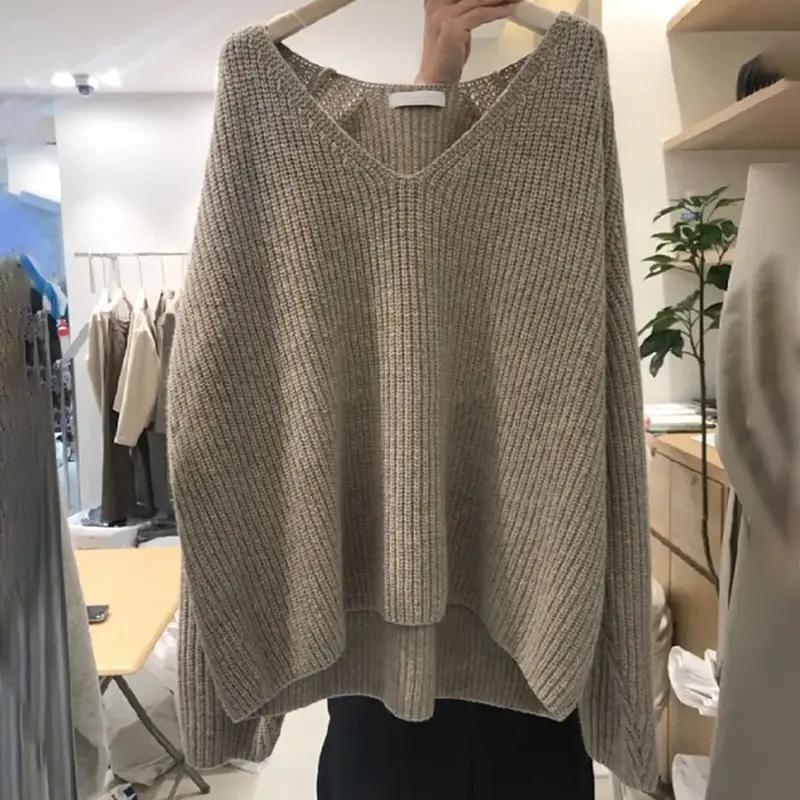 Suéter para Mulheres Inverno Algodão Espesso Pulôver Quente Tricotado Elástico Manga Longa Jumper Oversize Suéter Tops